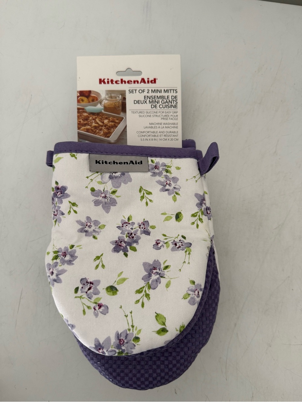 KitchenAid White and Purple Floral Mini Oven Mitts - Set of 2